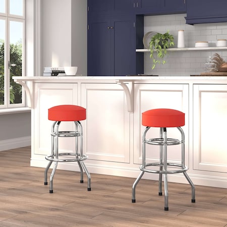 Double Ring Chrome Barstool With Red Seat